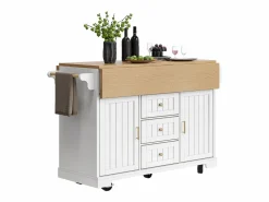 Online OKWISH Isla de cocina blanca con tablero plegable, 3 cajones y 2 puertas - 5 ruedas Blanco