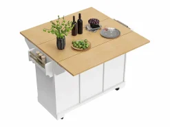 Online OKWISH Isla de cocina blanca con tablero plegable, 3 cajones y 2 puertas - 5 ruedas Blanco