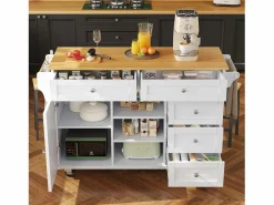 Outlet Isla de cocina blanca de 5 cajones - Carrito de cocina de 1 puerta con 3 compartimentos abiertos - Especiero y toallero Isla Cocina
