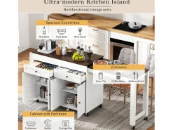ModernLuxe Isla de cocina central - con 4 puertas y 2 cajones - tablero extensible - con ruedas - 180,5×45×92,2 cm - Blanco + Marrón
