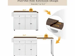 ModernLuxe Isla de cocina central - con 4 puertas y 2 cajones - tablero extensible - con ruedas - 180,5×45×92,2 cm - Blanco + Marrón