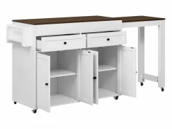 ModernLuxe Isla de cocina central - con 4 puertas y 2 cajones - tablero extensible - con ruedas - 180,5×45×92,2 cm - Blanco + Marrón