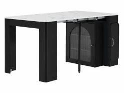 Clearance ModernLuxe Isla de cocina central - con USB y LED - con mesa de comedor desmontable y extensible - textura de mármol - con 1 puerta - + blanco Negro