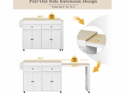 ModernLuxe Isla de cocina central - con 4 puertas y 2 cajones - tablero extensible - con ruedas - 180,5×45×92,2 cm - Blanco + Natural
