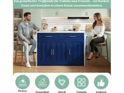 Outlet Merax Isla de cocina central con 3 puertas + 2 cajones - 120 x 60 x 91 cm - con enchufes + USB - MDF - Azul