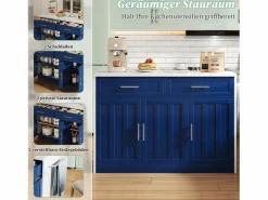 Outlet Merax Isla de cocina central con 3 puertas + 2 cajones - 120 x 60 x 91 cm - con enchufes + USB - MDF - Azul