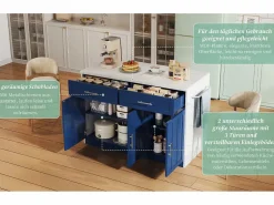 Outlet Merax Isla de cocina central con 3 puertas + 2 cajones - 120 x 60 x 91 cm - con enchufes + USB - MDF - Azul