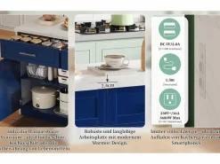 Outlet Merax Isla de cocina central con 3 puertas + 2 cajones - 120 x 60 x 91 cm - con enchufes + USB - MDF - Azul