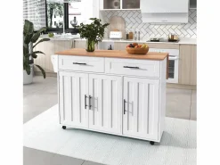Clearance ModernLuxe Isla de cocina central con 2 cajones - Tablero extensible - patas con ruedas o de madera maciza - Blanco