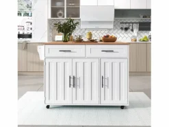 Clearance ModernLuxe Isla de cocina central con 2 cajones - Tablero extensible - patas con ruedas o de madera maciza - Blanco