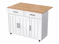 Clearance ModernLuxe Isla de cocina central con 2 cajones - Tablero extensible - patas con ruedas o de madera maciza - Blanco