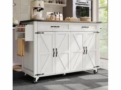 Sale Isla de cocina central móvil con 4 puertas y 2 cajones - tapa extensible - 140 x 45/73 x 93 cm - Madera MDF + metal - + natural Isla Cocina
