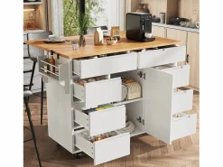 Best Isla de cocina central móvil - Tablero extensible - 8 cajones y 1 puerta - Con estante para especias - MDF - Blanco Isla Cocina
