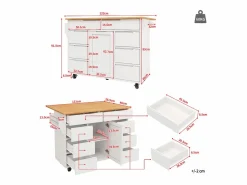 Best Isla de cocina central móvil - Tablero extensible - 8 cajones y 1 puerta - Con estante para especias - MDF - Blanco Isla Cocina