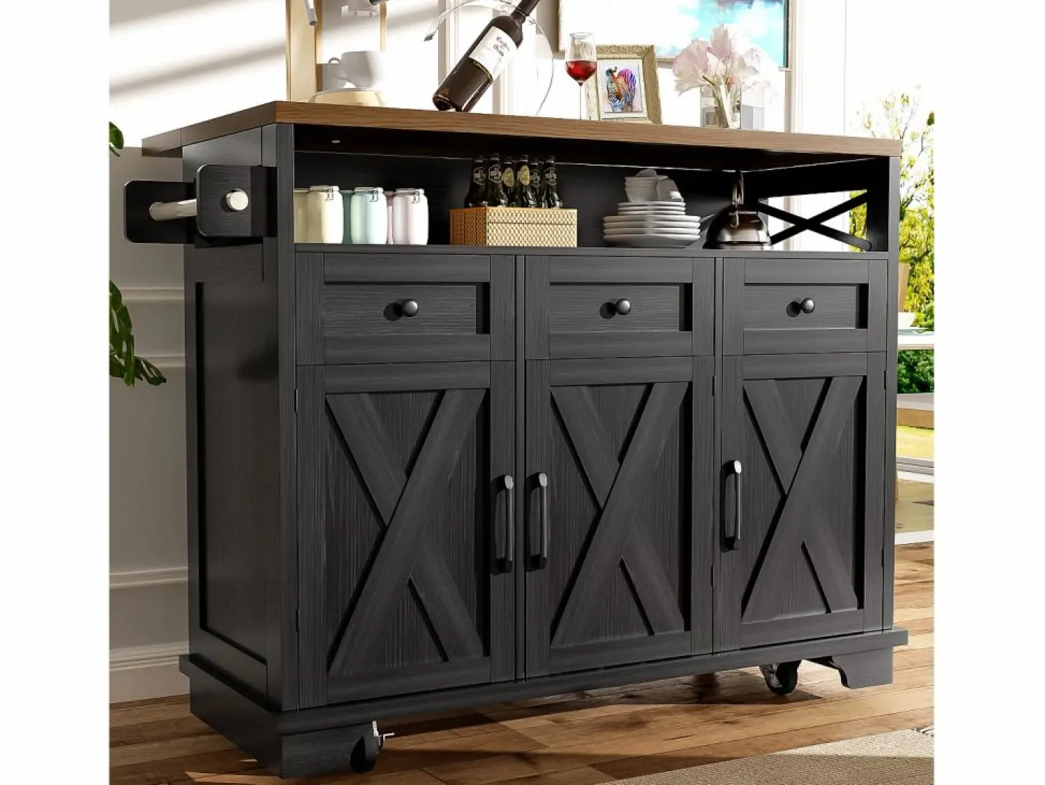 Hot ModernLuxe Isla de cocina central móvil - Tablero extensible - 3 cajones y 3 puertas - estantes abiertos - con toallero - MDF - Negro