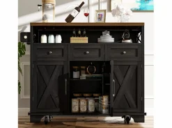 Hot ModernLuxe Isla de cocina central móvil - Tablero extensible - 3 cajones y 3 puertas - estantes abiertos - con toallero - MDF - Negro