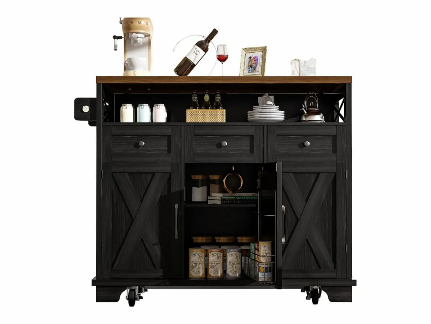 Hot ModernLuxe Isla de cocina central móvil - Tablero extensible - 3 cajones y 3 puertas - estantes abiertos - con toallero - MDF - Negro