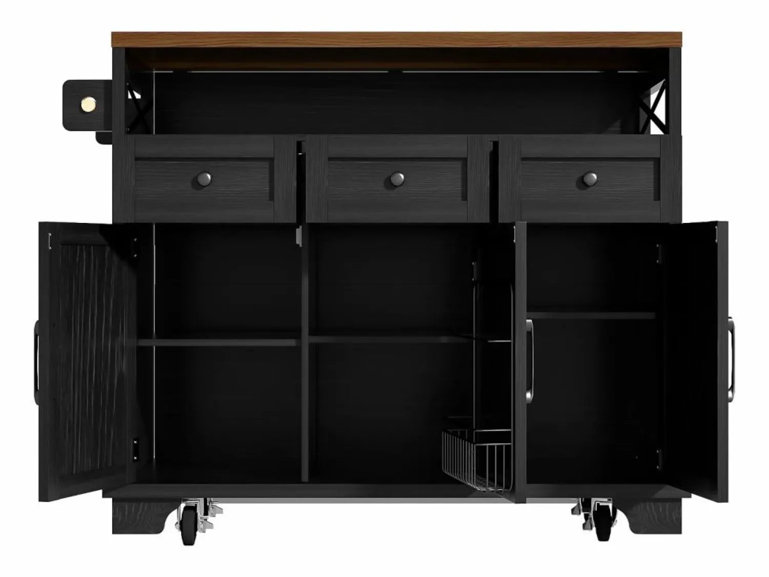 Hot ModernLuxe Isla de cocina central móvil - Tablero extensible - 3 cajones y 3 puertas - estantes abiertos - con toallero - MDF - Negro