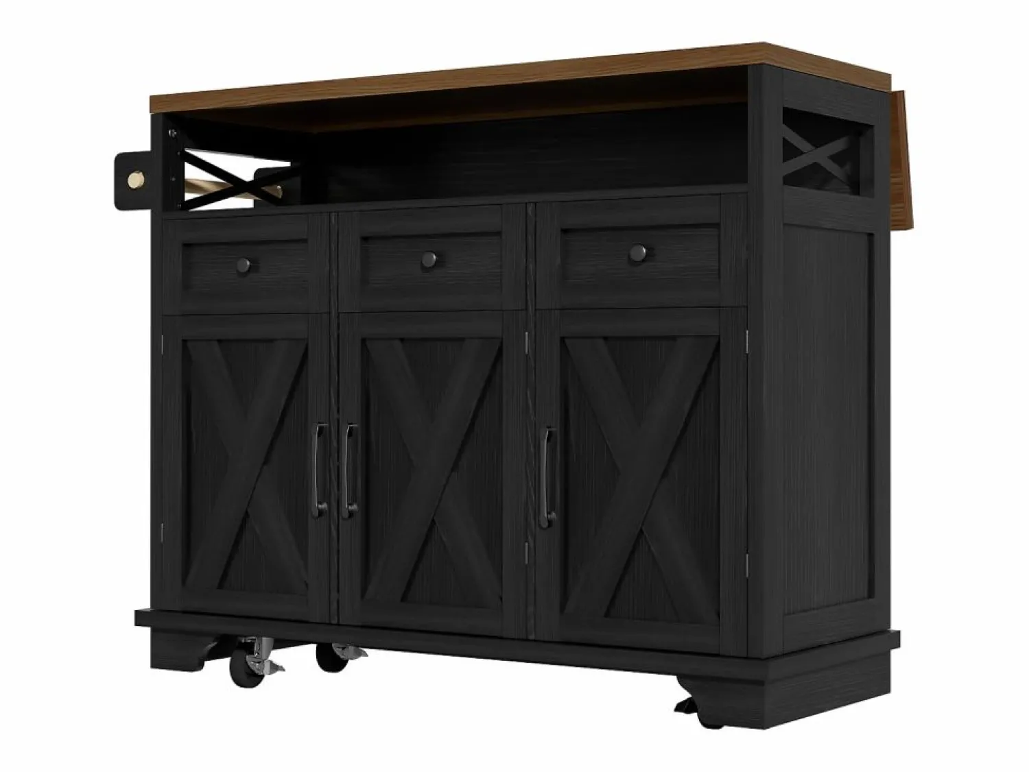 Hot ModernLuxe Isla de cocina central móvil - Tablero extensible - 3 cajones y 3 puertas - estantes abiertos - con toallero - MDF - Negro