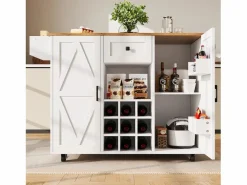 New ModernLuxe Isla de cocina central móvil - Tablero extensible - 1 cajón y 3 puertas con estantes - con toallero - MDF - blanco y natural Color natural claro / Blanco