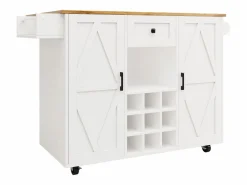 New ModernLuxe Isla de cocina central móvil - Tablero extensible - 1 cajón y 3 puertas con estantes - con toallero - MDF - blanco y natural Color natural claro / Blanco