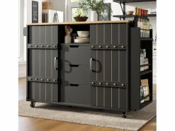 ModernLuxe Isla de cocina central móvil - Tablero extensible - 3 cajones - Con estante para especias y toallero - MDF - Negro