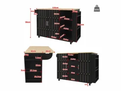 ModernLuxe Isla de cocina central móvil - Tablero extensible - 3 cajones - Con estante para especias y toallero - MDF - Negro