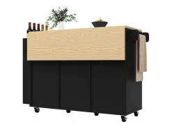 ModernLuxe Isla de cocina central móvil - Tablero extensible - 3 cajones - Con estante para especias y toallero - MDF - Negro
