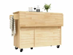 ModernLuxe Isla de cocina central móvil - Tablero extensible - 120x45x92 cm - 2 puertas - con toallero - MDF - decoración de celosía - Natural