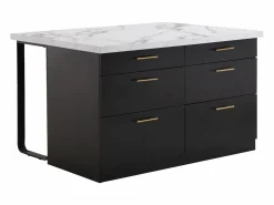 Online Vente-unique Isla de cocina con 6 cajones de MDF y metal - Negro y efecto mármol blanco - ALEGRITA Negro / Blanco