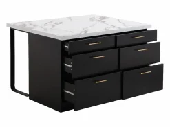 Online Vente-unique Isla de cocina con 6 cajones de MDF y metal - Negro y efecto mármol blanco - ALEGRITA Negro / Blanco