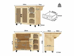 Online Hauss Spole Isla de cocina con 2 puertas y 3 cajones, encimera extensible, diseño de tablero de ajedrez, color natural Color natural claro