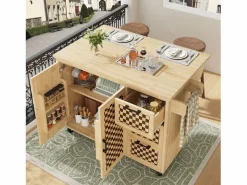 Online Hauss Spole Isla de cocina con 2 puertas y 3 cajones, encimera extensible, diseño de tablero de ajedrez, color natural Color natural claro