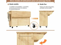 Online Hauss Spole Isla de cocina con 2 puertas y 3 cajones, encimera extensible, diseño de tablero de ajedrez, color natural Color natural claro
