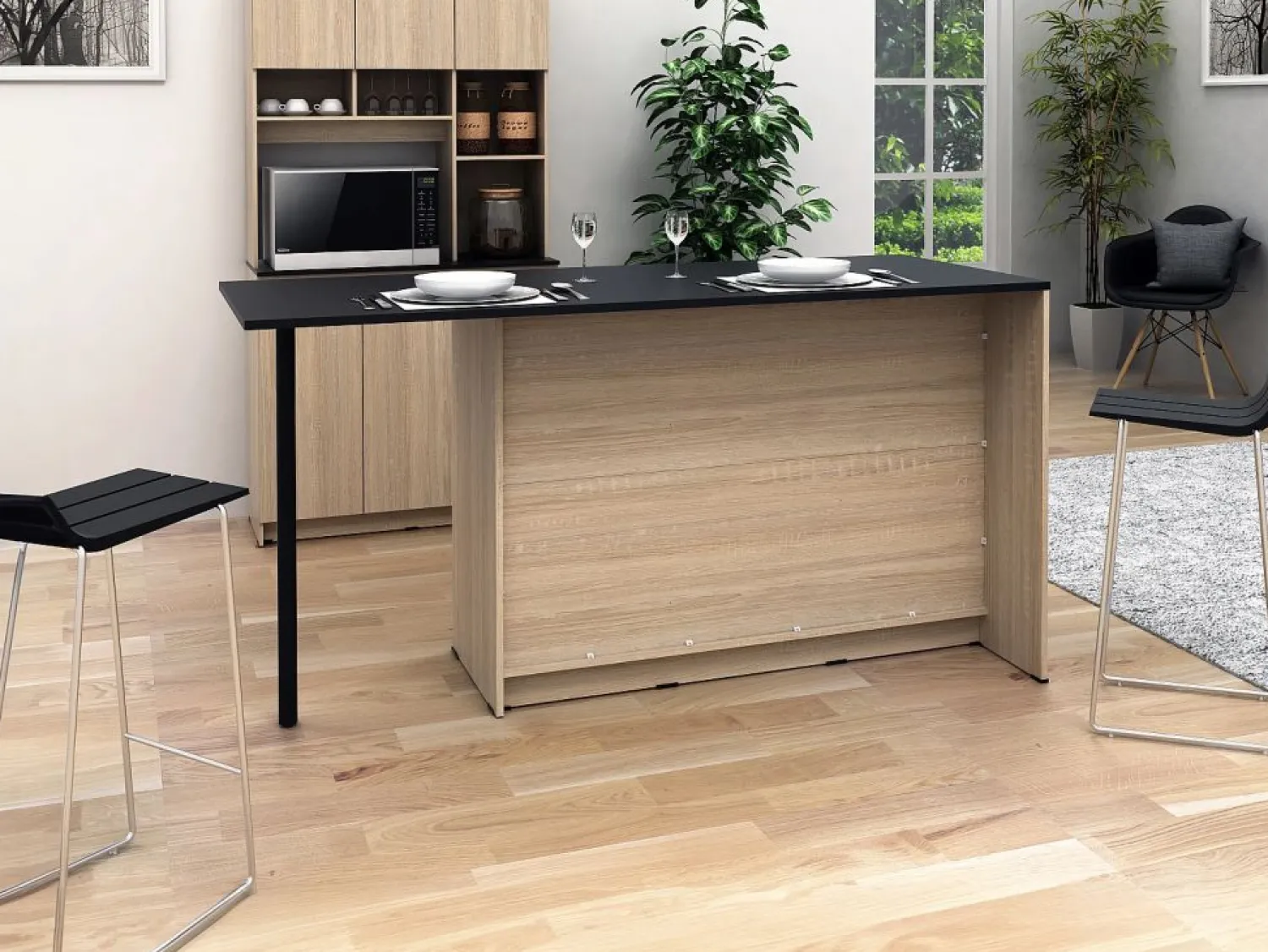 Discount Isla de cocina con 2 puertas, 1 cajón y 2 estantes - Natural y negro - TUNORI Isla Cocina