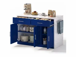 Online Isla de cocina con 3 puertas, 2 cajones y puerto USB - Efecto mármol blanco - Isla Cocina