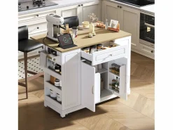 Clearance Merax Isla de cocina con comedor extensible + cajones + 2 puertas - 131,8 x 40/70 x 93,9 cm - MDF - blanca Blanco