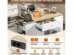 Clearance Merax Isla de cocina con comedor extensible + cajones + 2 puertas - 131,8 x 40/70 x 93,9 cm - MDF - blanca Blanco