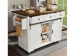 Outlet Isla de cocina con encimera abatible - Carrito de cocina con 2 puertas correderas y 3 cajones - toallero y portavasos - Isla Cocina