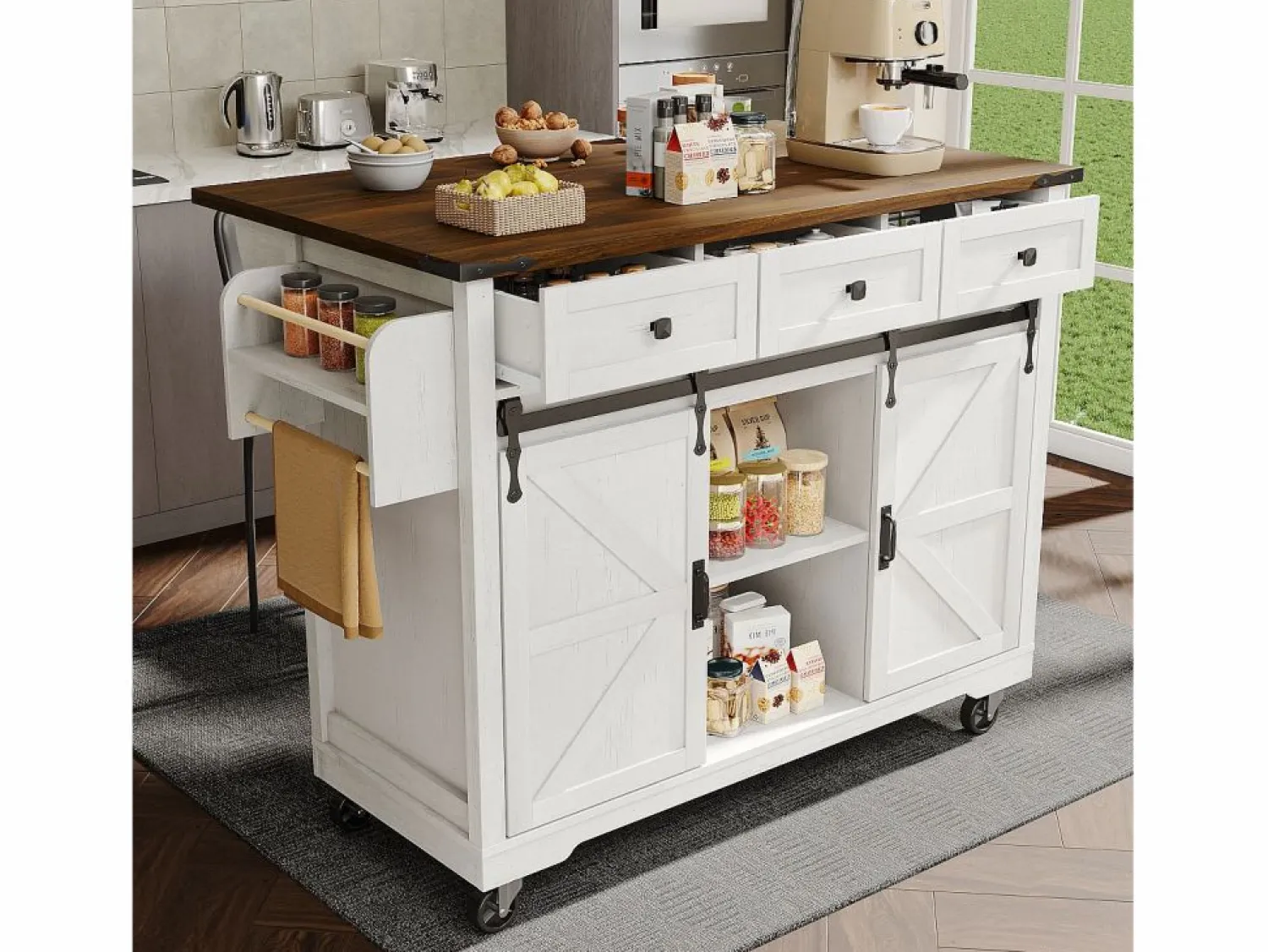 Outlet Isla de cocina con encimera abatible - Carrito de cocina con 2 puertas correderas y 3 cajones - toallero y portavasos - Isla Cocina