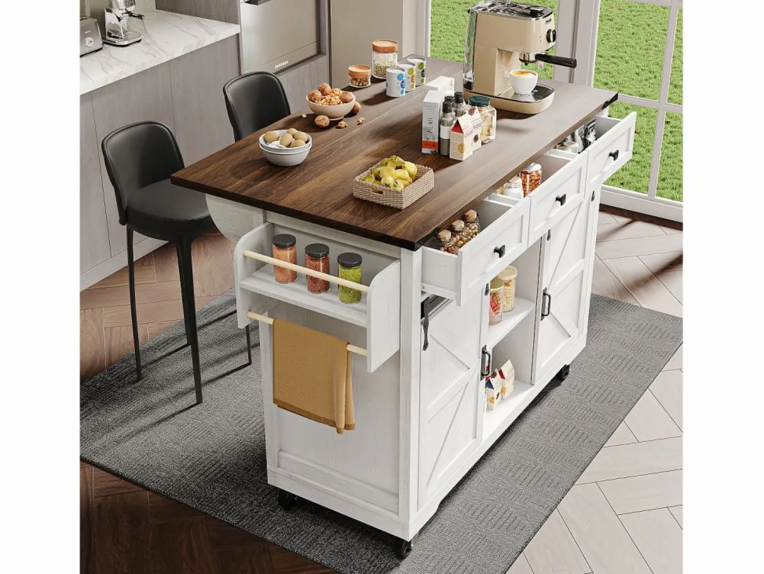 Outlet Isla de cocina con encimera abatible - Carrito de cocina con 2 puertas correderas y 3 cajones - toallero y portavasos - Isla Cocina