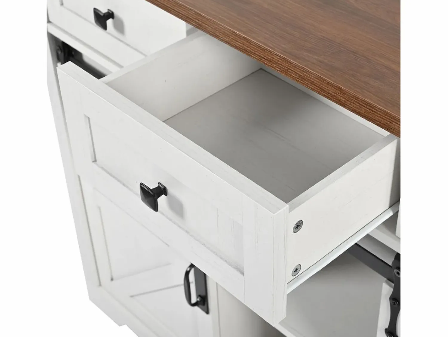 Outlet Isla de cocina con encimera abatible - Carrito de cocina con 2 puertas correderas y 3 cajones - toallero y portavasos - Isla Cocina
