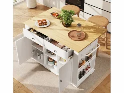 Clearance Isla de cocina con encimera abatible, carrito de cocina con toma de corriente, MDF y metal, y natural (151,5x59,7x91,7 cm) Isla Cocina