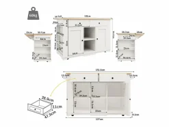 Clearance Isla de cocina con encimera abatible, carrito de cocina con toma de corriente, MDF y metal, y natural (151,5x59,7x91,7 cm) Isla Cocina