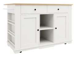 Clearance Isla de cocina con encimera abatible, carrito de cocina con toma de corriente, MDF y metal, y natural (151,5x59,7x91,7 cm) Isla Cocina