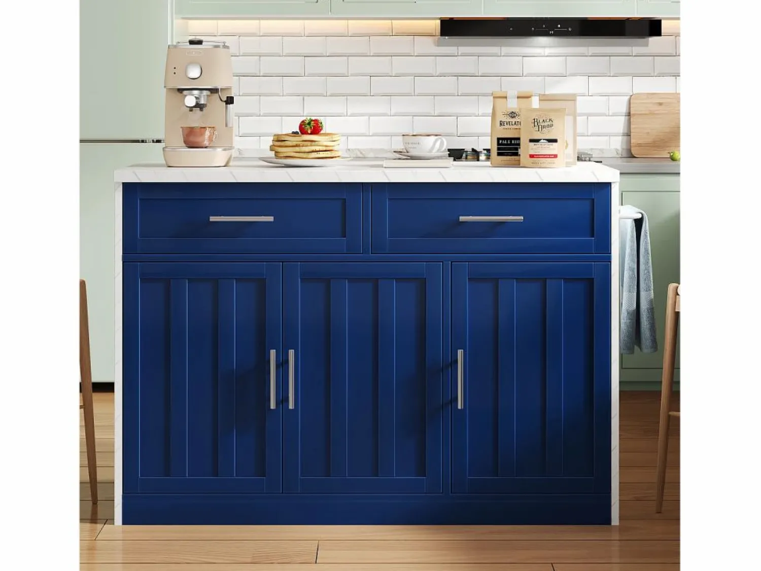 Best Isla de cocina con puerto USB, 3 puertas y 2 cajones - MDF - Blanca y - para salón y cocina Isla Cocina