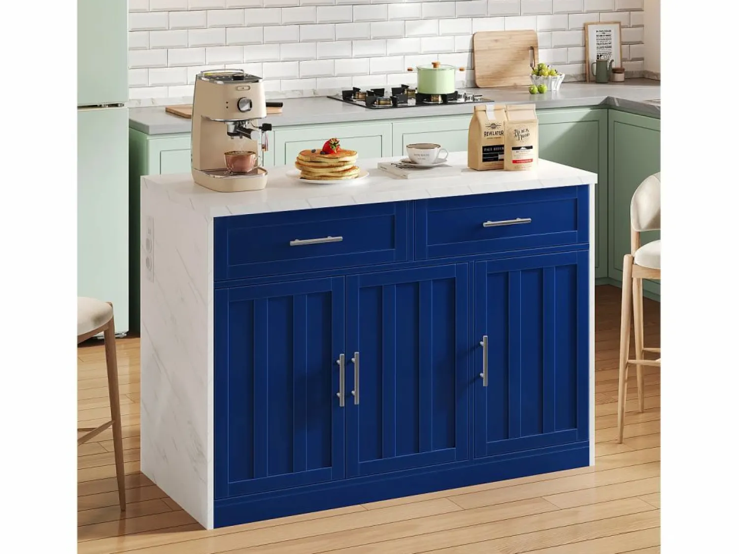 Best Isla de cocina con puerto USB, 3 puertas y 2 cajones - MDF - Blanca y - para salón y cocina Isla Cocina