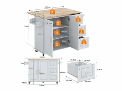 Best Hauss Spole Isla de cocina con ruedas 137x43/76 cm con 3 cajones y 2 puertas - y madera Gris