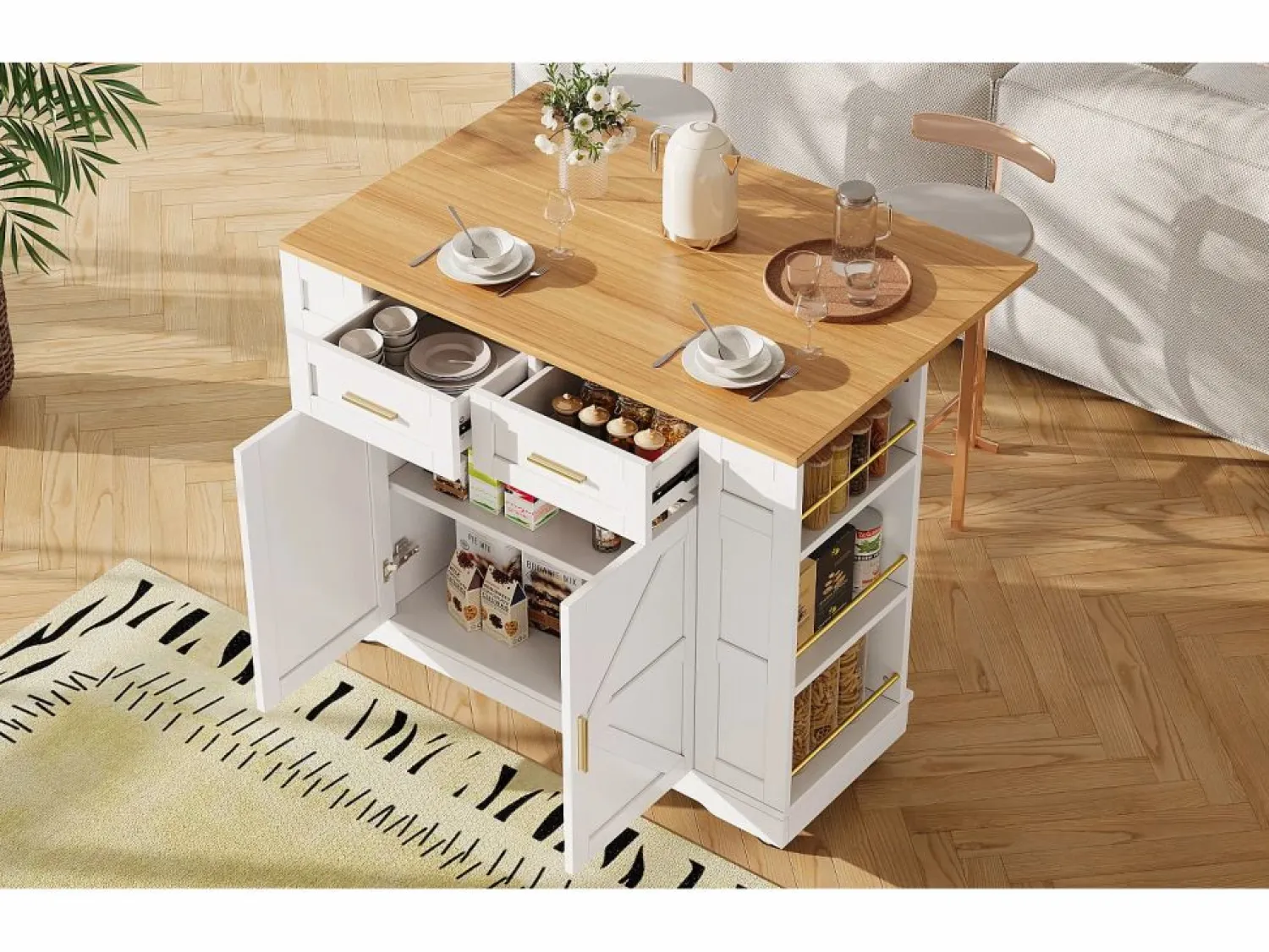 Outlet Isla de cocina con ruedas - 120 x 65 x 90 cm - Carrito con módulos extensibles - 2 puertas + 2 cajones - MDF - Isla Cocina