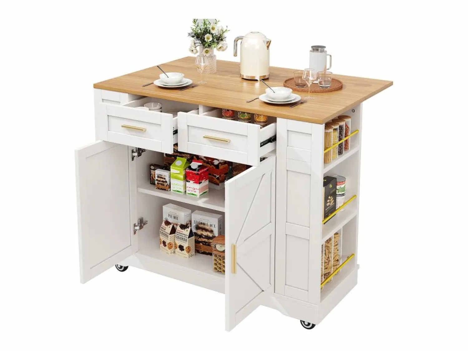 Outlet Isla de cocina con ruedas - 120 x 65 x 90 cm - Carrito con módulos extensibles - 2 puertas + 2 cajones - MDF - Isla Cocina